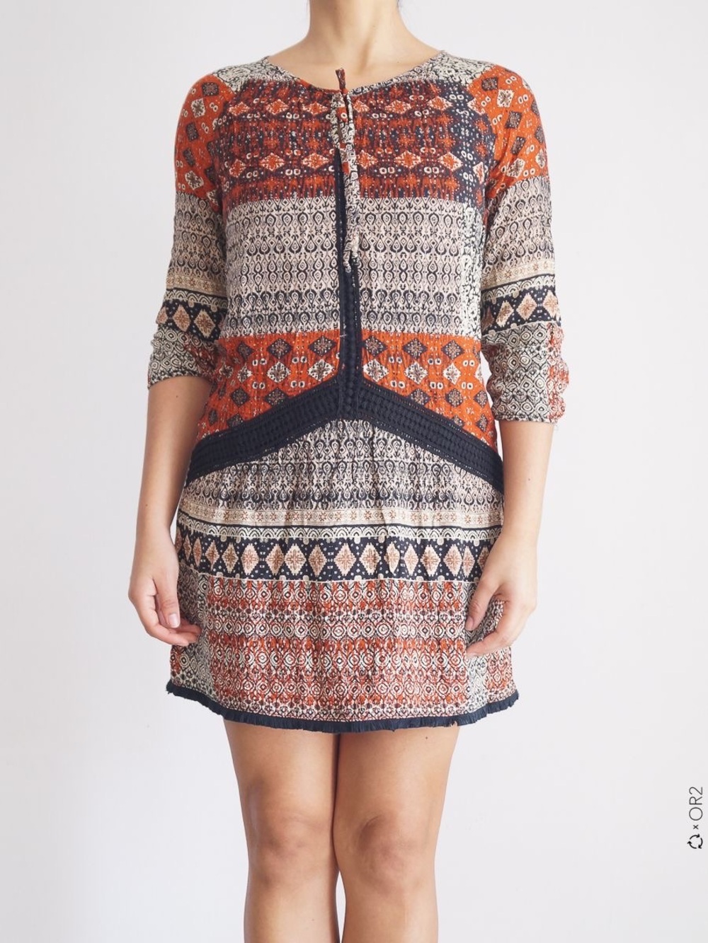 Bershka Orange & Navy Patterned Boho Mini Dress